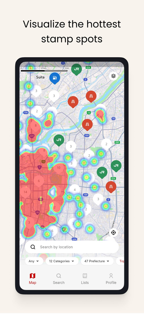 Stamp Quest - Stamp Quest app interface showing a heat map of popular Japanese train station stamp locations