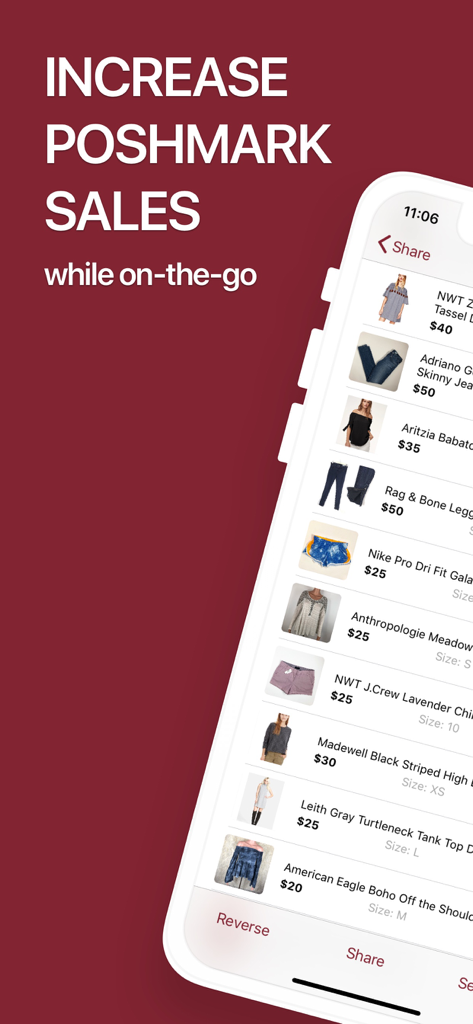 ClosetMate app interface showing a list of clothing inventory with share and reverse buttons to increase Poshmark sales while on the go.