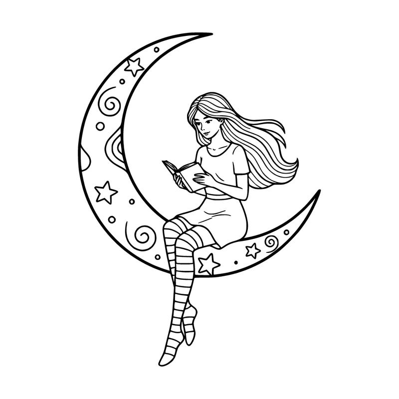 girl wearing thigh high socks sitting on a crescent moon