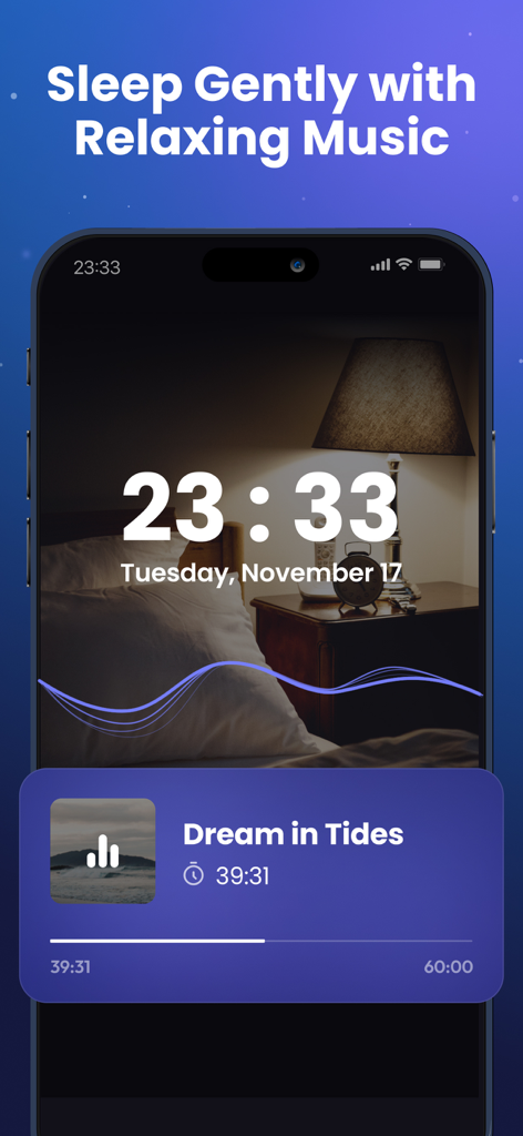 Smartphone screen showing a sleep tracker app interface with relaxing music playing and a bedside lamp background