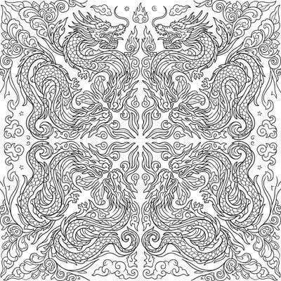 Embark on an epic coloring adventure with this stunning Kaleidoscope Dragons template. Discover intricate scales and swirling mythical patterns woven into a mesmerizing mandala design, perfect for all skill levels.
