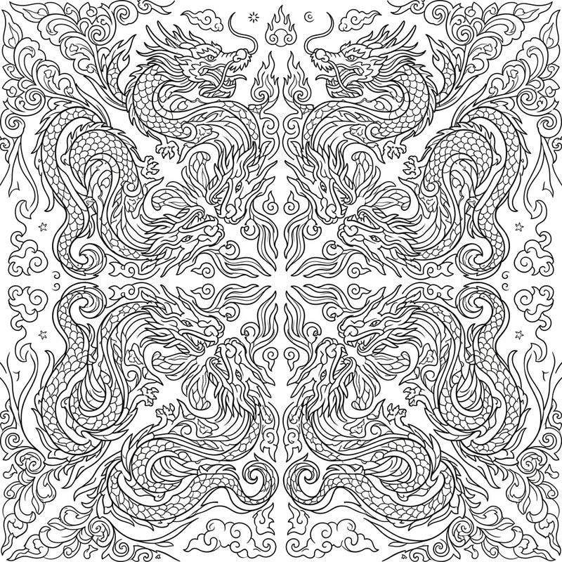 Embark on an epic coloring adventure with this stunning Kaleidoscope Dragons template. Discover intricate scales and swirling mythical patterns woven into a mesmerizing mandala design, perfect for all skill levels.