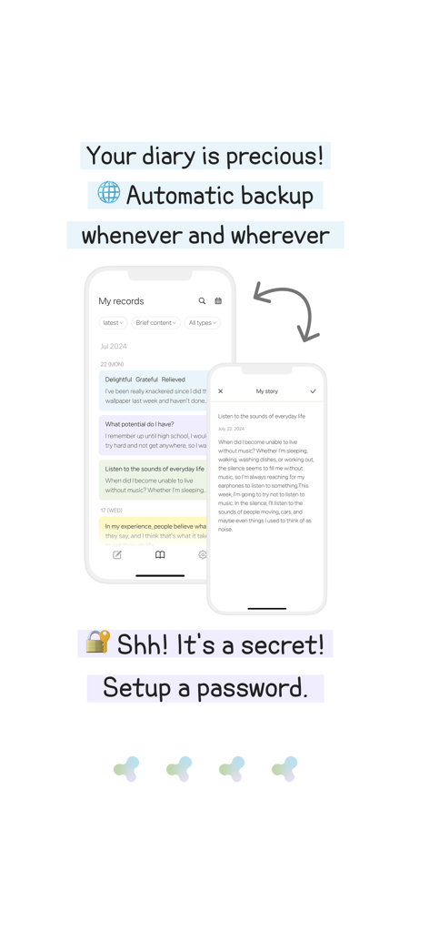 Cherish - diary with 7 formats - Cherish diary app interface showing automatic backup and password setup features