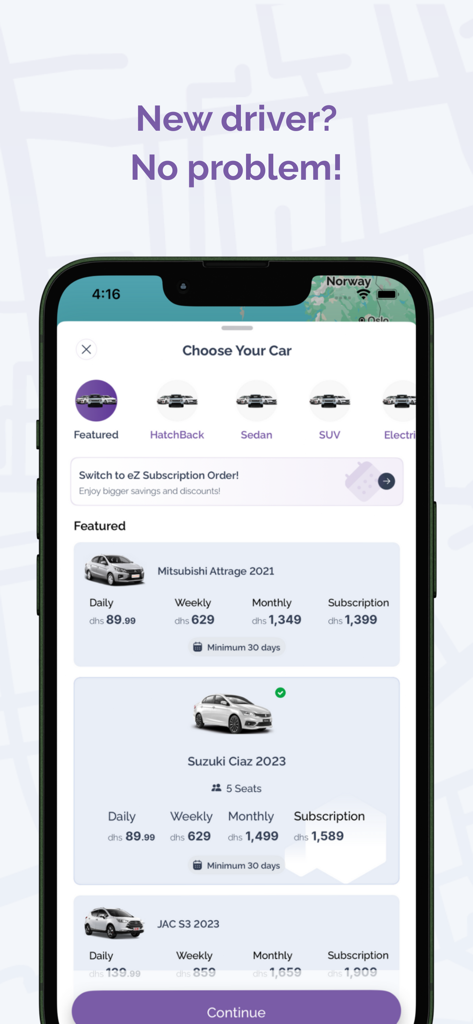 eZhire car rental mobile app interface showing a selection of cars with daily and monthly rental prices