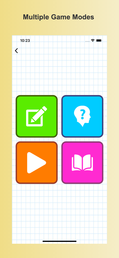 Splash Math app interface showing multiple game modes with colorful icons for drawing, quiz, play, and reading on a grid background.