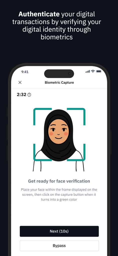 شاشة التحقق من الوجه بالقياسات الحيوية لتطبيق نافذ للمصادقة الآمنة للهوية الرقمية