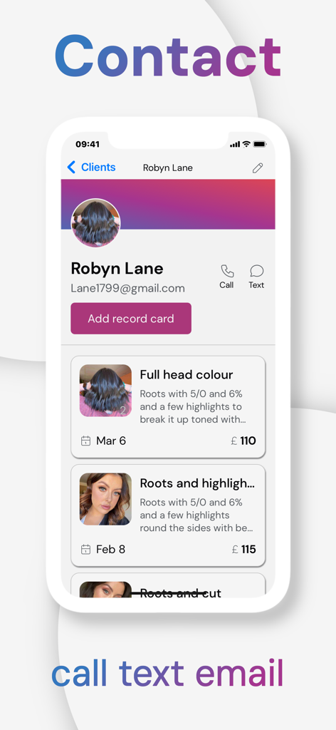 HairTracker mobile App-Oberfläche mit einem Kundenprofil mit Servicehistorie und Kontaktbuttons