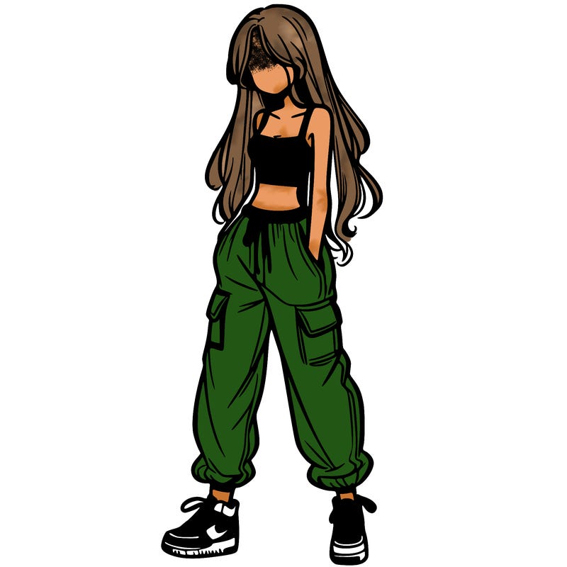 girl in baggy pants crop top and long hair