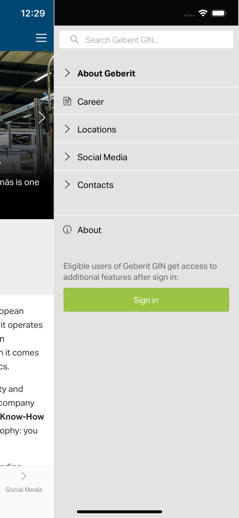 Geberit GIN - GINアプリのサイドメニュー。会社概要、キャリア、拠点へのナビゲーションリンクとサインインボタンが表示されます。
