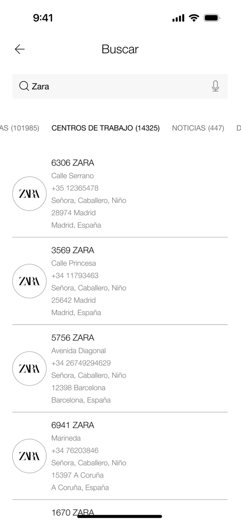 INET - Search results screen in the INET app showing a list of Zara store locations and contact details