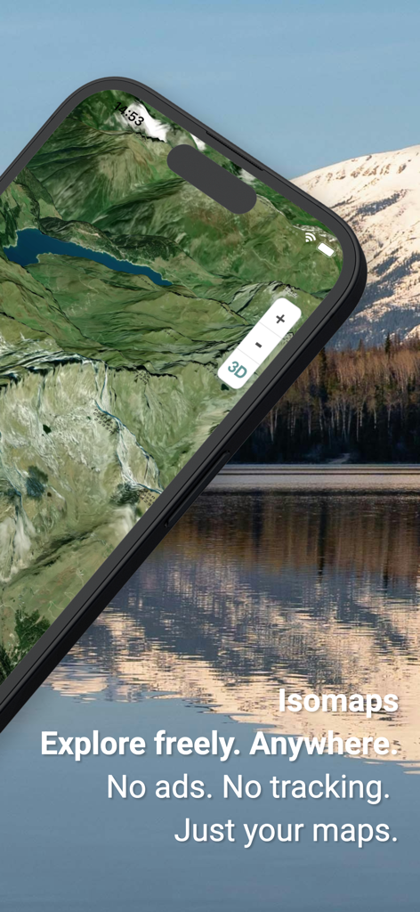 isomaps - Isomaps app interface displaying a high-precision 3D satellite map for outdoor exploration.