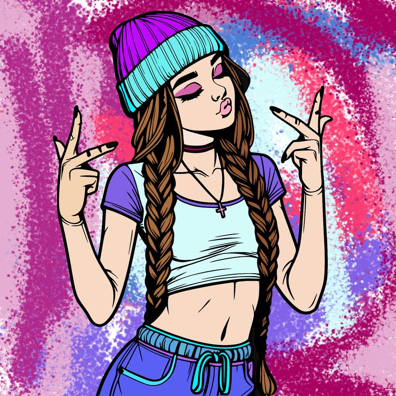 realistic teenage girl with braids and a beanie and crop top doing 🫶🏼