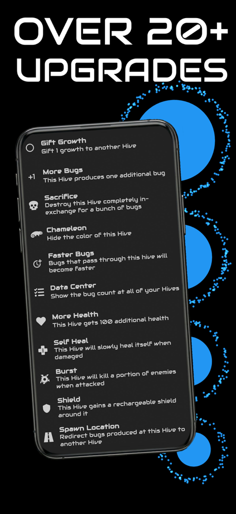 Uma tela de smartphone exibindo uma lista de várias atualizações de colmeia no Swarm Game