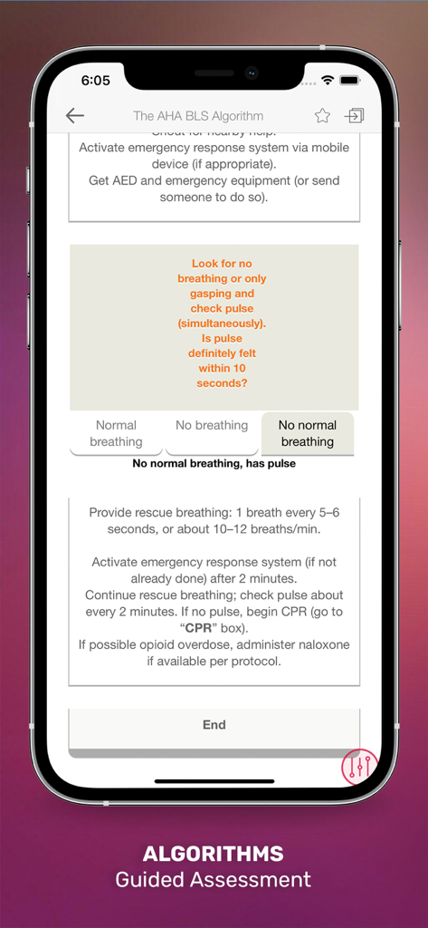 Clinical algorithm screen for AHA BLS guided assessment in the Lippincott Nursing app