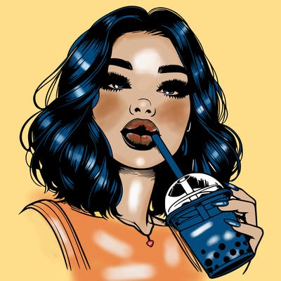 realistic girl with glossy lips holding boba