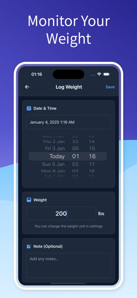 Shotwise app screen for entering and monitoring body weight