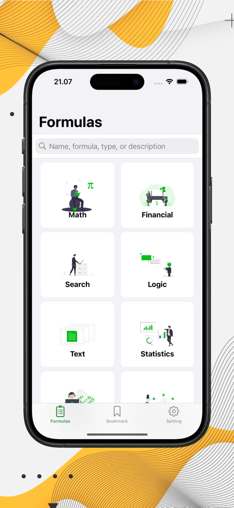 Excel Formulas Complete - Interfaz móvil de la aplicación Fórmulas de Excel Completas que muestra categorías de fórmulas como Matemáticas, Financieras y Estadísticas.