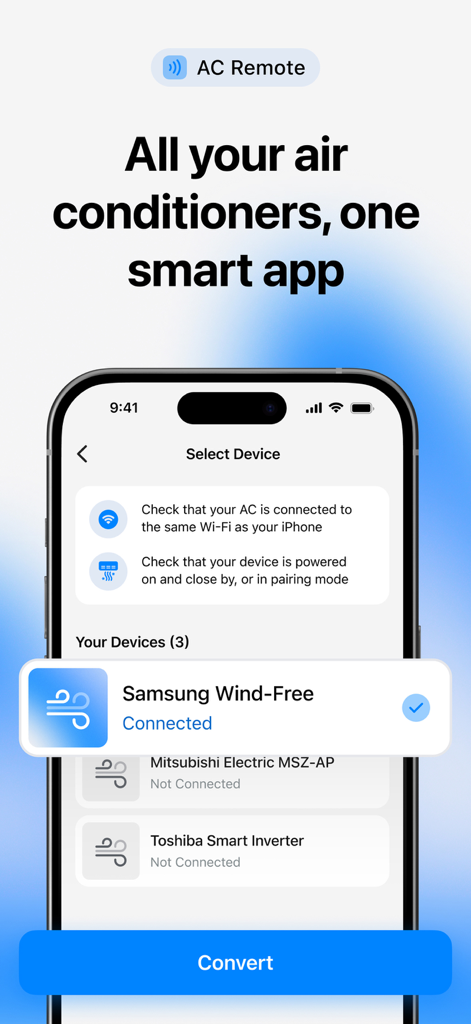 Tela do smartphone do aplicativo Controle Remoto Inteligente de Ar Condicionado mostrando uma lista de unidades de ar condicionado conectadas para seleção e controle.