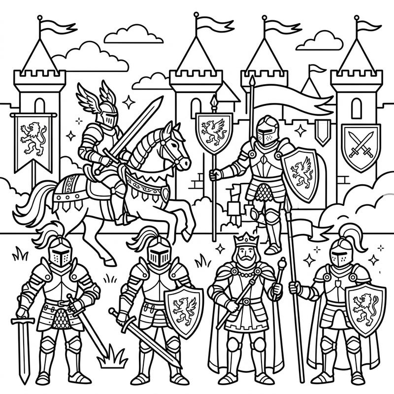 Embark on an epic journey with this captivating coloring page featuring noble medieval knights, a regal king, and a grand castle. Designed perfectly for young adventurers aged 4-8, it offers hours of creative fun.