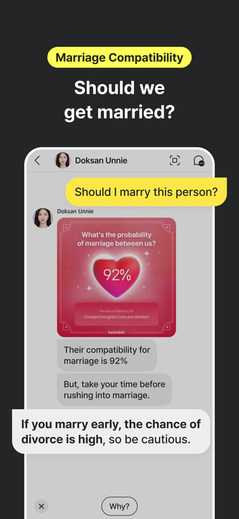 HelloBot AI chatbot providing a marriage compatibility score and relationship advice in a chat interface.