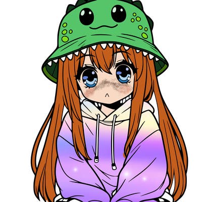 girl with anime shaped eyes with a dinosaur bucket hat oversized sweatshirt long straight hair