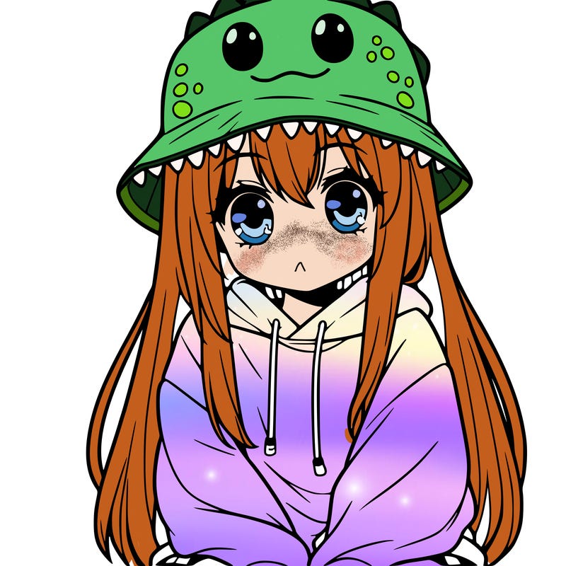 girl with anime shaped eyes with a dinosaur bucket hat oversized sweatshirt long straight hair