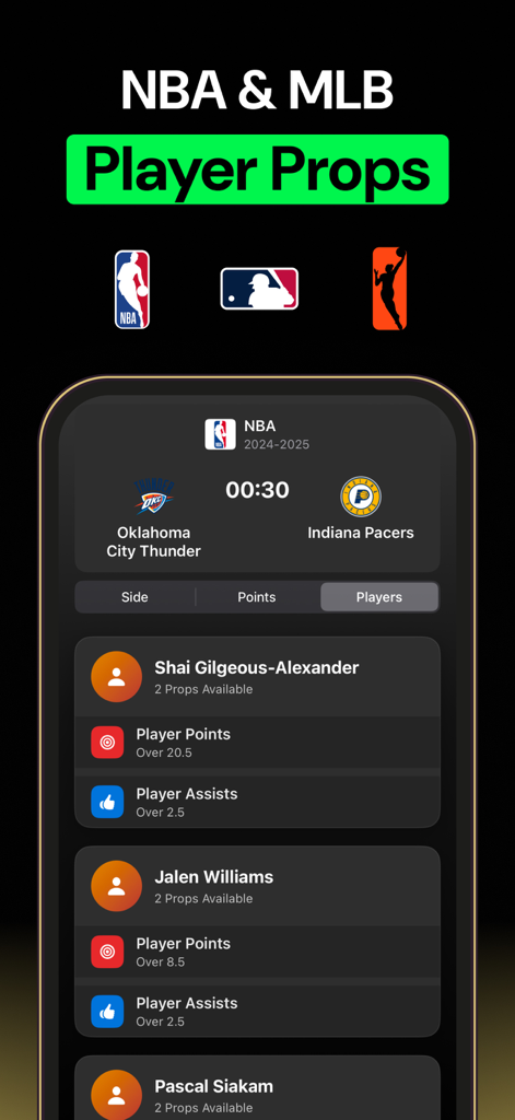 WinAI: AI Sports Betting Tips - Pantalla de la aplicación WinAI mostrando predicciones de apuestas de props de jugadores de la NBA para puntos y asistencias durante un partido de baloncesto