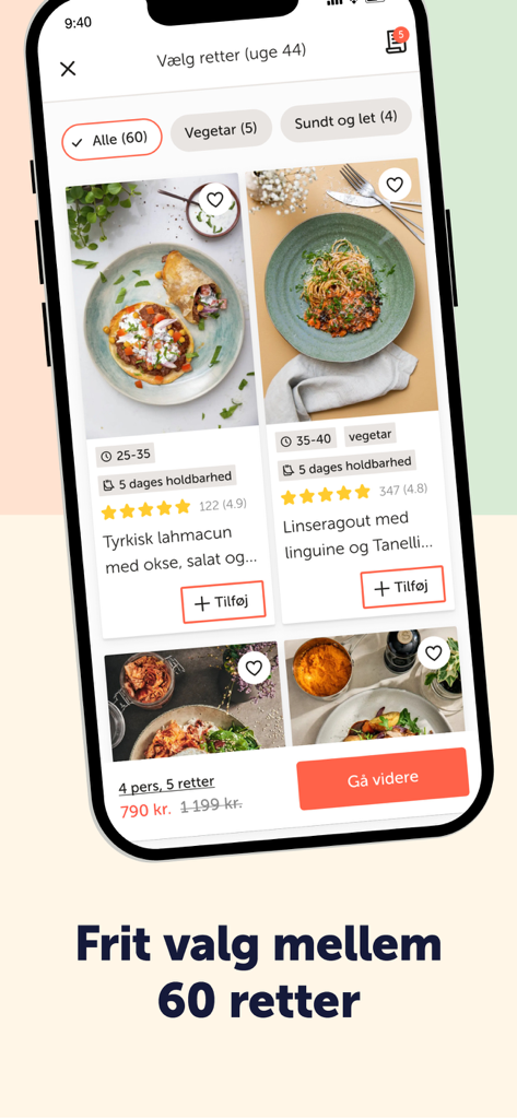 RETNEMT - RetNemt app interface displaying a variety of meal kit recipe options with photos and preparation times