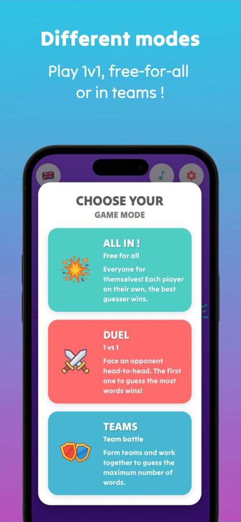Wordigo : Play with friends - Pantalla de la aplicación móvil Wordigo que muestra opciones de modos de juego, incluyendo Todos, Duelo y Equipos.