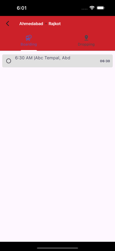 i Agent Infinity - Boarding point selection for Ahmedabad to Rajkot route in the i Agent Infinity app