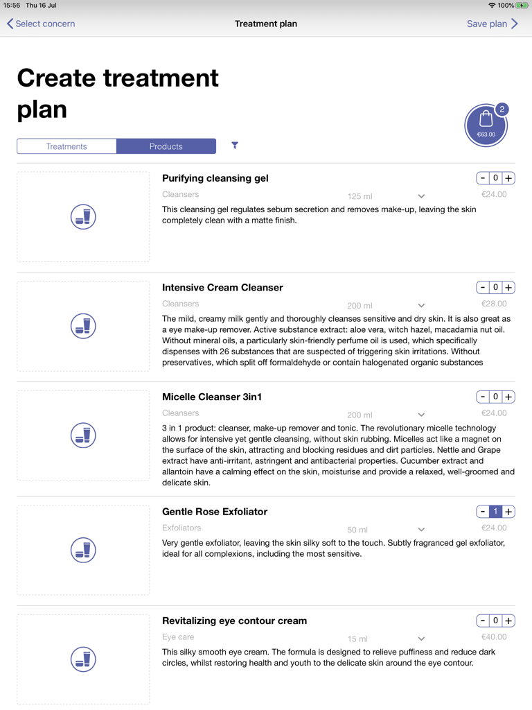 OBSERV 320 - Interface of the OBSERV 320 app showing a treatment plan creation screen with a list of recommended skincare products and prices