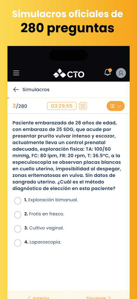 A mobile interface of the MetaEnarm app showing a clinical case question for the ENARM medical residency exam simulation.
