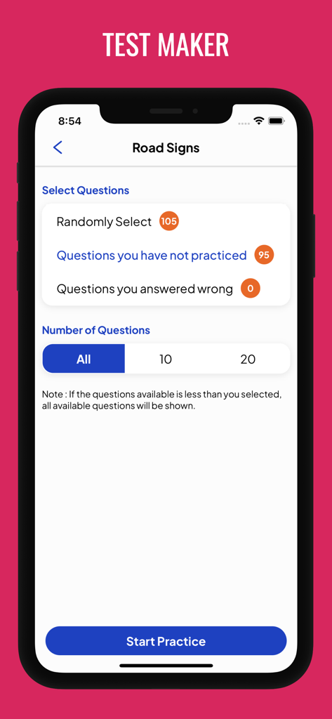 G1 Practice Test Ontario 2025 - G1 Practice Test Ontario app Test Maker screen for road signs question selection.
