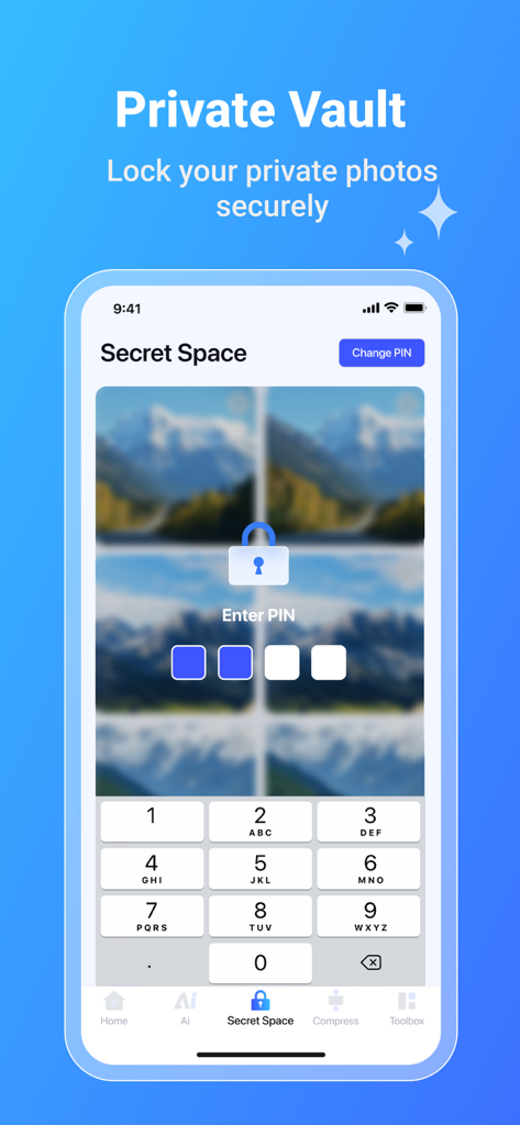 CleanlyAI private vault screen with a PIN entry keypad to lock and secure private photos.