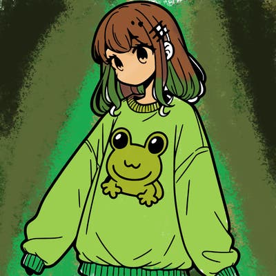 girl wearing frogging sweatshirt