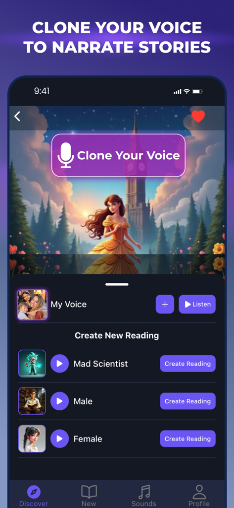 TaleAI: Bedtime Stories - TaleAI app interface showing how to clone your voice for narrating bedtime stories