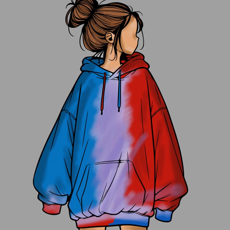 realistic girl with a oversized sweatshirt on and a bun