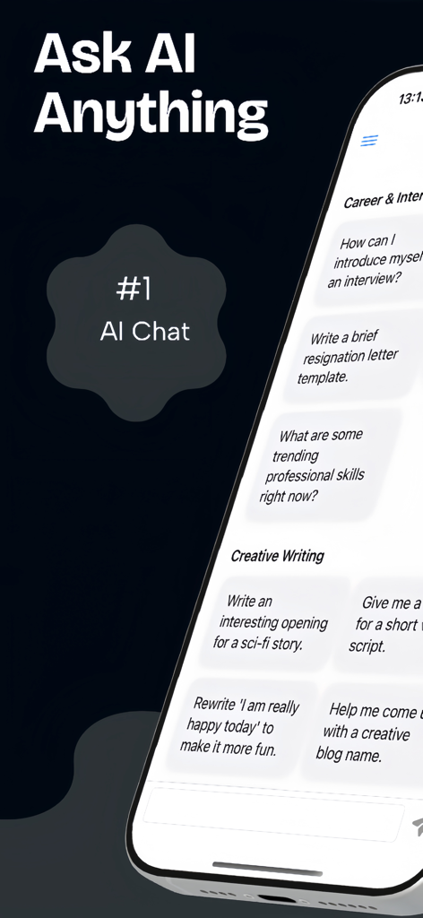 ChatAIPro app screen showing AI chat categories for career and creative writing tasks