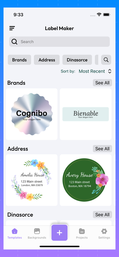 Interface de l'application mobile Label Maker Print Master montrant divers modèles d'étiquettes pour les marques et les adresses domestiques.