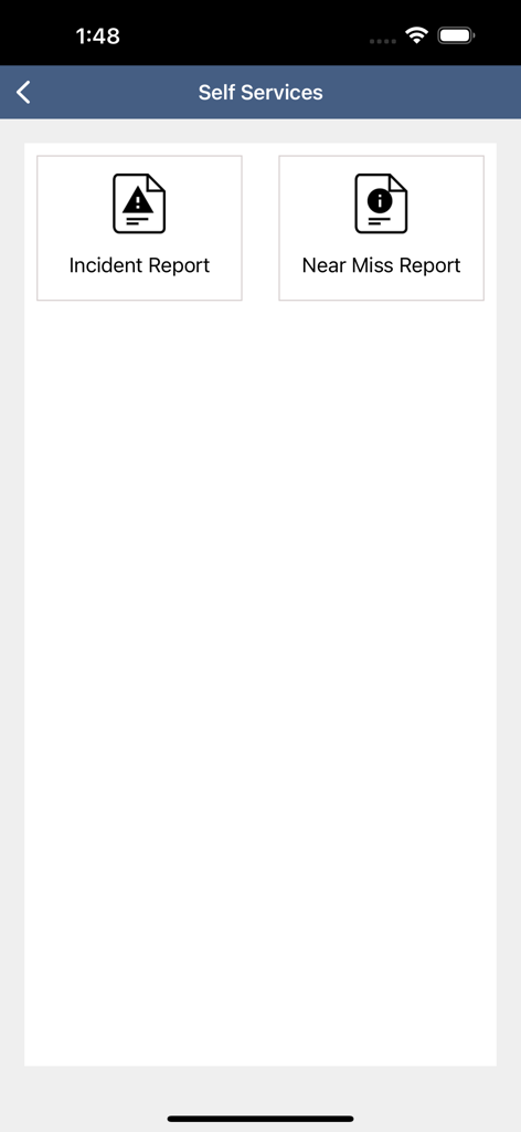 KOTC app interface showing incident and near miss report buttons under self services