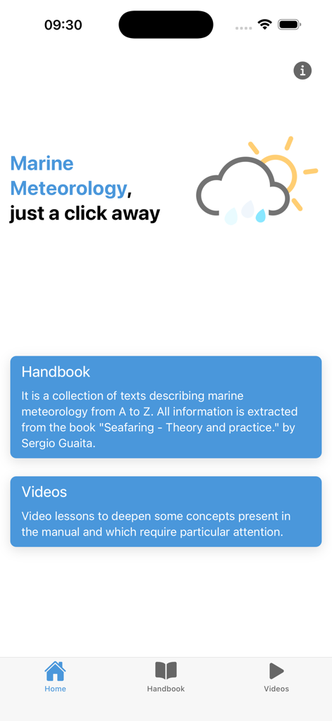 Home screen of the Marine Meteorology educational app showing the handbook and video lesson categories