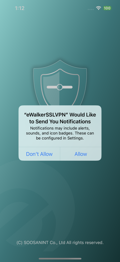 eWalker SSL VPN - iOS notification permission request dialog for the eWalker SSL VPN app