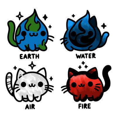 4 cats that represent the different elements, earth, water, air, and fire