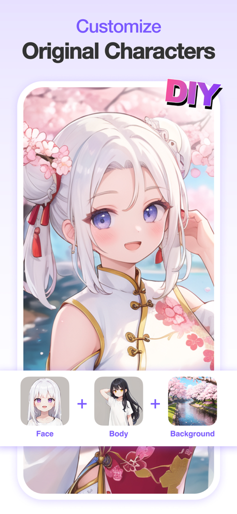 A mobile app screen for creating custom anime characters by selecting face body and background components