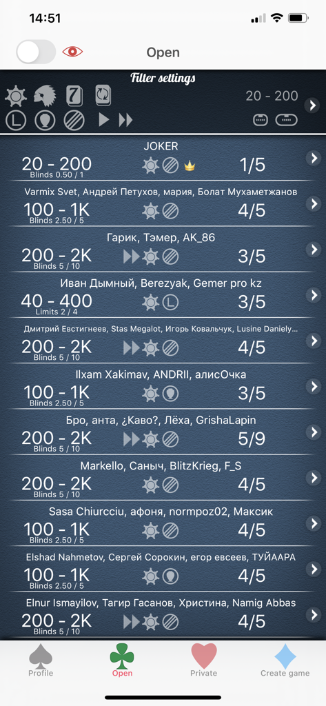 Una lista de mesas de póker disponibles en el lobby del juego que muestra apuestas, ciegas y número de jugadores