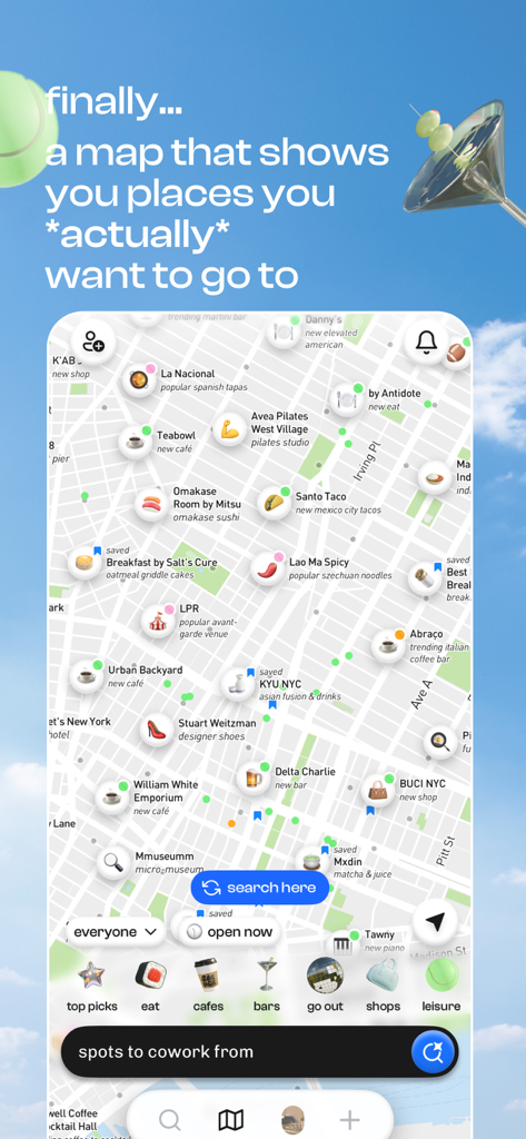 corner: curate & share places - Mappa cittadina personalizzata che mostra luoghi locali curati come caffè e bar