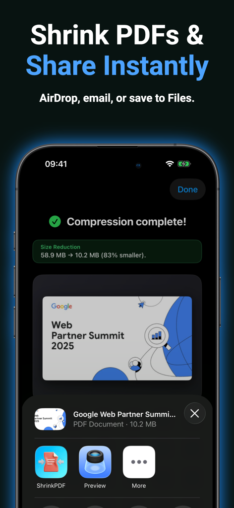 PDFの圧縮が成功し、AirDropやメール経由での共有オプションが表示されているスマートフォンの画面