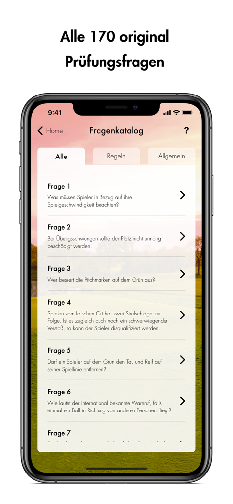 DGV-Platzreife - Smartphone screen showing the catalog of 170 original golf exam questions in the DGV-Platzreife app