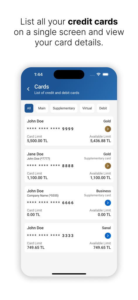 iktisatbank - Pantalla de la aplicación de banca móvil de Iktisatbank que muestra una lista de tarjetas de crédito y débito con límites disponibles y detalles de la tarjeta.