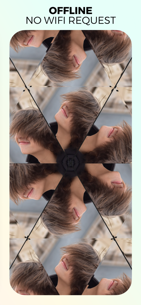 Kaleidoscope of Emotions - Un ritratto trasformato in un motivo caleidoscopico simmetrico che mostra la funzione offline dell'app